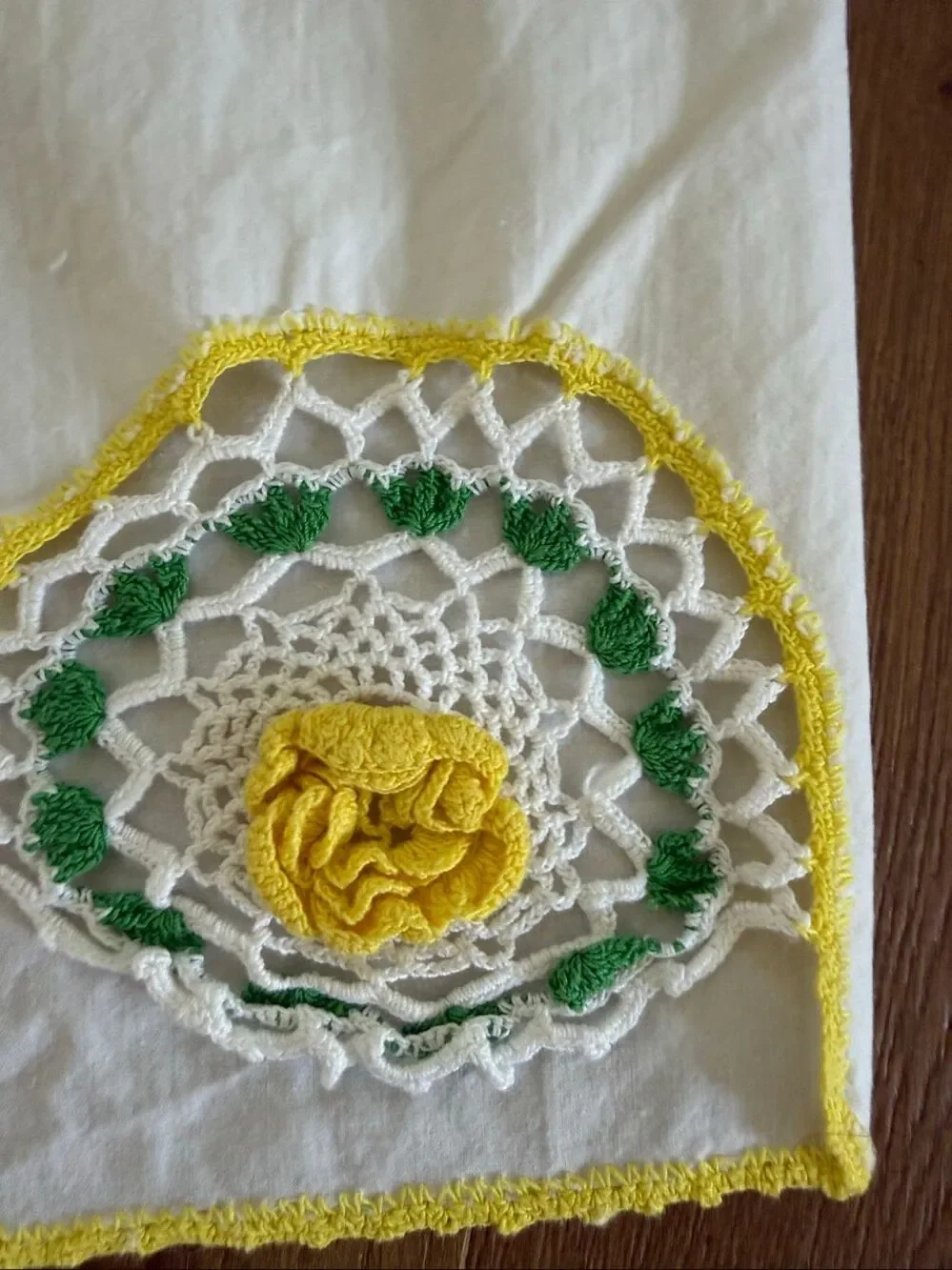 Vintage Queen Size Pillowcase Yellow Green Crochet